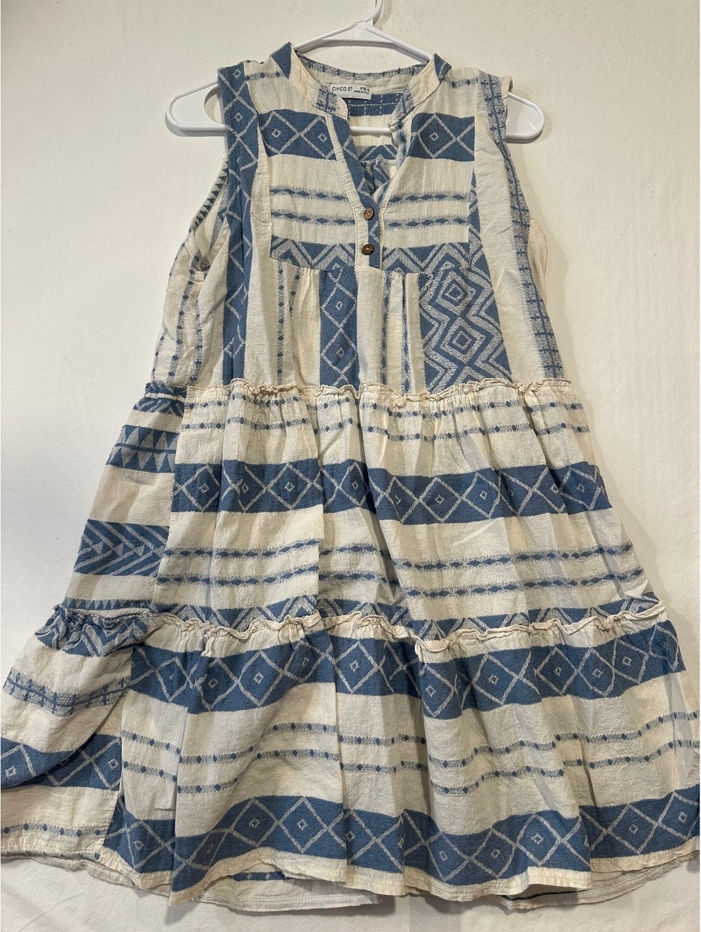 Civico 51 Made in Italy Blue White Geometric Tiered Ruffle Dress Size S Cotton
